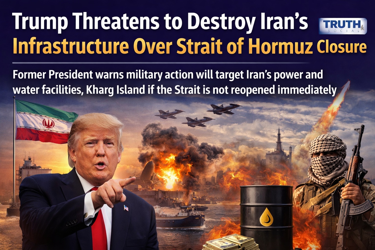 Donald Trump has warned that he could destroy Iran’s key infrastructure if the Strait of Hormuz is not reopened immediately.